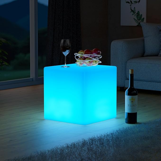 FUYO 12 inch LED Light Cube with Remote Waterproof Light Up Cube Chair, 16 RGB Colors LED Table for Kids Night Light, Glow Cube for Indoor Outdoor Home Patio Party (White-12 inch)