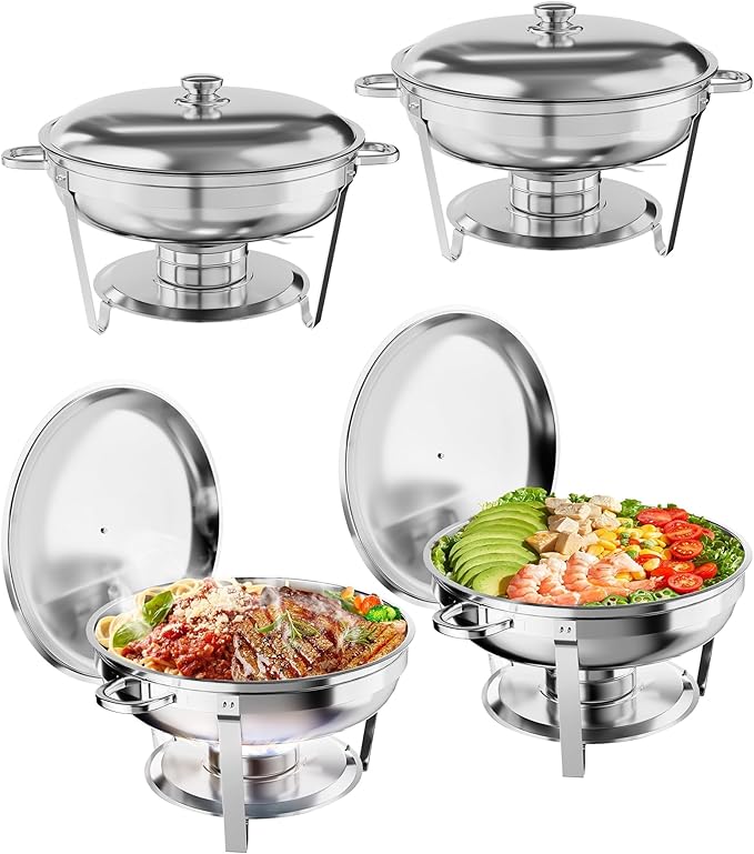 GarveeHome Chafing Dish Buffet Set 4 Pack, 5 QT Round Stainless Steel Chafer and Food Warmers With Food & Water Pan, Lid, Frame, Fuel Holder for Catering, Parties, Events, Wedding, Camping, Dinner