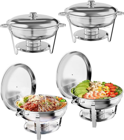 GarveeHome Chafing Dish Buffet Set 4 Pack, 5 QT Round Stainless Steel Chafer and Food Warmers With Food & Water Pan, Lid, Frame, Fuel Holder for Catering, Parties, Events, Wedding, Camping, Dinner