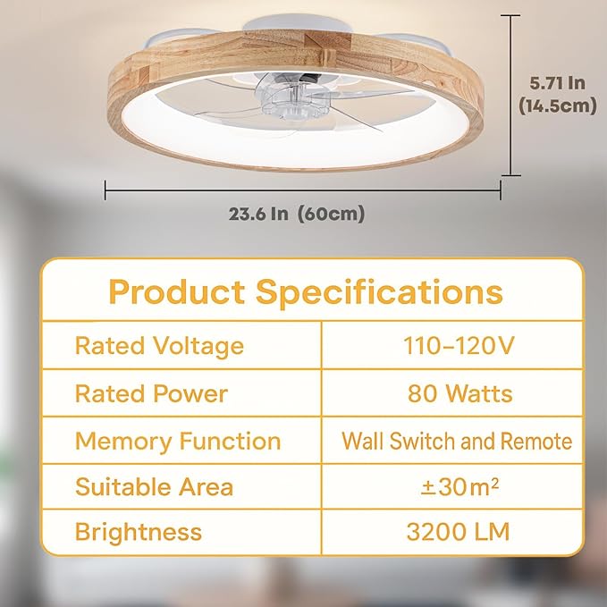 Fszdorj 20'' Ceiling Fan with Light, Upgraded Low Profile Fan, Flush Mount Ceiling Fan, 6 Speeds, Dimmable LED, App & Remote Control, Quiet DC Motor, for Bedroom, Living Room, F126 (23.6 INCH)