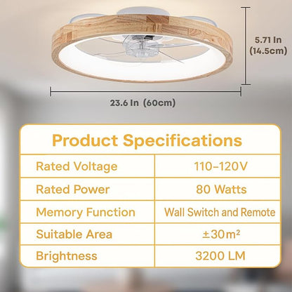 Fszdorj 20'' Ceiling Fan with Light, Upgraded Low Profile Fan, Flush Mount Ceiling Fan, 6 Speeds, Dimmable LED, App & Remote Control, Quiet DC Motor, for Bedroom, Living Room, F126 (23.6 INCH)