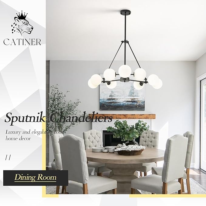 CATINER L40” Black Sputnik Chandeliers 9-Lights Mid Century Chandelier Modern Ceiling Pendant Light Fixtures with Milk Glass Globe Shades for Living Dining Room Foyer Entryway Kitchen Bedroom