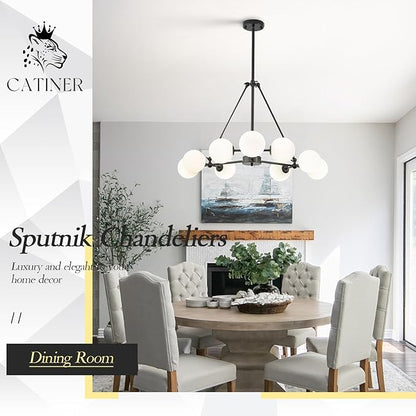 CATINER L40” Black Sputnik Chandeliers 9-Lights Mid Century Chandelier Modern Ceiling Pendant Light Fixtures with Milk Glass Globe Shades for Living Dining Room Foyer Entryway Kitchen Bedroom