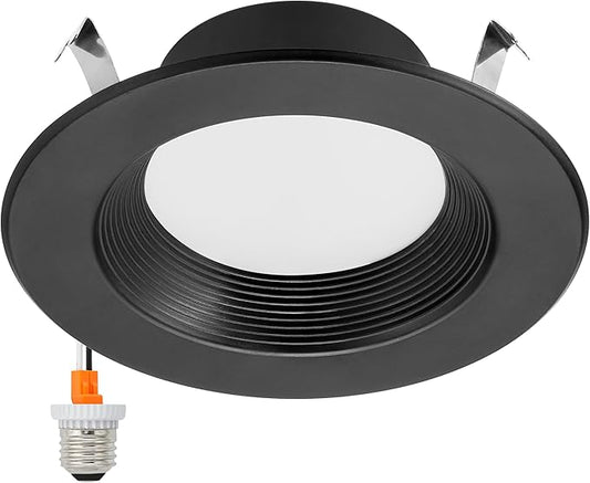 Maxxima 4 in. 5 CCT Retrofit Recessed LED Downlight, 800 Lumens, with E-26 Quick Connect, Color Selectable 2700K-5000K (2700K/3000K/3500K/4000K/5000K), Dimmable, Black Trim