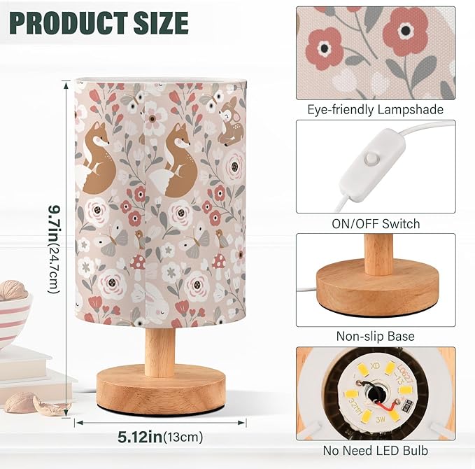 Bedside Table Lamp Cute Animals Flowers Nightstand Lamp with Wood Fox Deer Rabbit Birds Butterfly Desk Lamps for Bedroom Living Room Nursery Office Home Decor