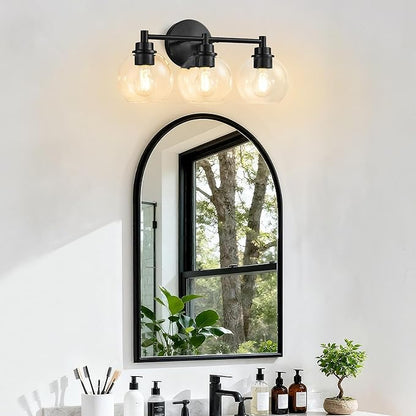 Black Bathroom Vanity Lights, 3-Light Wall Sconce with Glass Globe Shade, Vanity Lighting for Bathroom/Bedroom/Dressing Room, Vertical/Horizontal Mounted, E26 Bulb Base (Bulb Not Included)