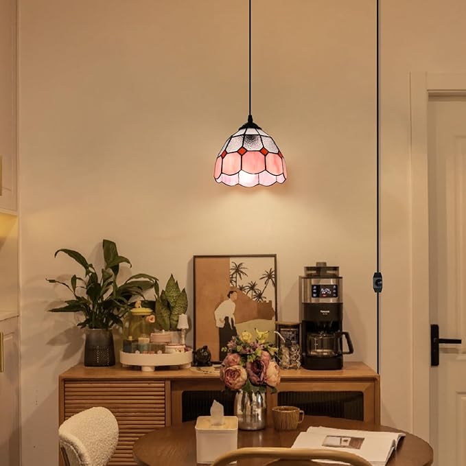 HuisMier Tiffany Hanging Pendant Light, Dimmable Pink Mini Plug in Light Fixture with 15 Ft Hanging Cord, Stained Glass Hanging Lamp for Bedroom Kitchen Dining Room Office, 7.9" Width