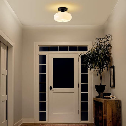 WOKNOS Mid-Century Modern Semi Flush Mount Ceiling Light, Metal Kitchen Light Fixture with Glass Shade, Mini White and Black Colse to Ceiling Lamp for Entryway Hallway Bathroom (8.66 Inch)