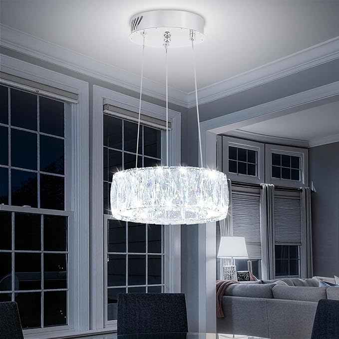 Modern LED Dimmable Crystal Chandelier 8" Ring Silver Pendant Light Fixtures for Kitchen Island Dining Room Living Room