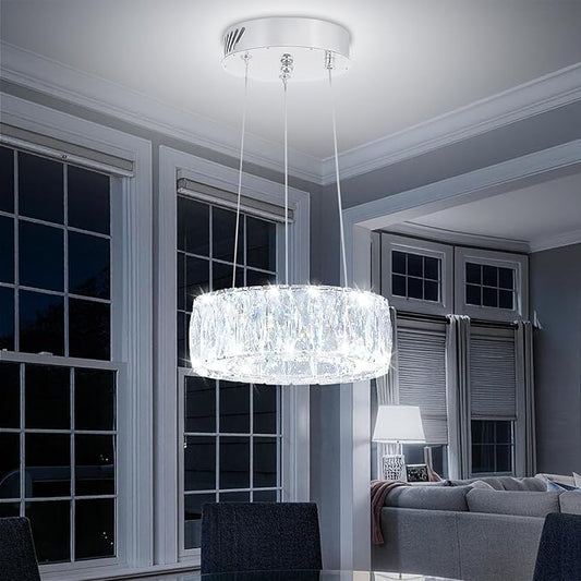 Modern LED Dimmable Crystal Chandelier 8" Ring Silver Pendant Light Fixtures for Kitchen Island Dining Room Living Room