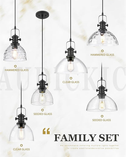 2-Pack Pendant Lights Kitchen Island, 7.5" Farmhouse Black Pendant Lighting with Clear Glass Shade, Vintage Hanging Light Fixtures for Dining Room Entryway, Adjustable Cord, AD-22151-1P2-BK-C