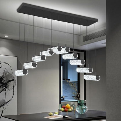 Crystal Ring Chandelier for Dining Room,Black 10 Lights Rectangular Crystal Pendant Lights Over Table Modern Linear Crystal Chandelier Dimmable with Remote Control