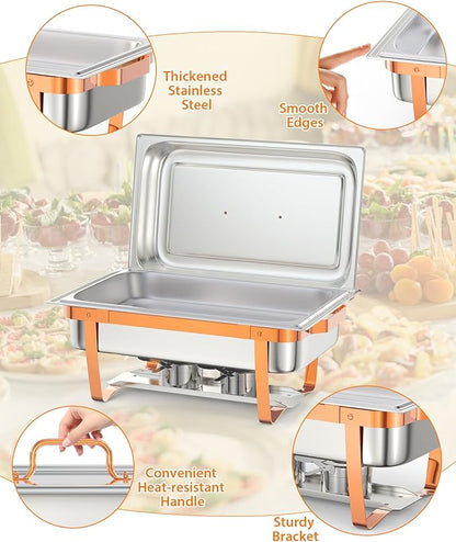 4 Pack Chafing Dishes for Buffet, Stainless Steel Catering Chafer with Lids, Pans & Fuel Holder, 8QT Food Warmers for Parties Buffet, Buffet Servers and Warmers for Parties, Events, Weddings,Rose Gold