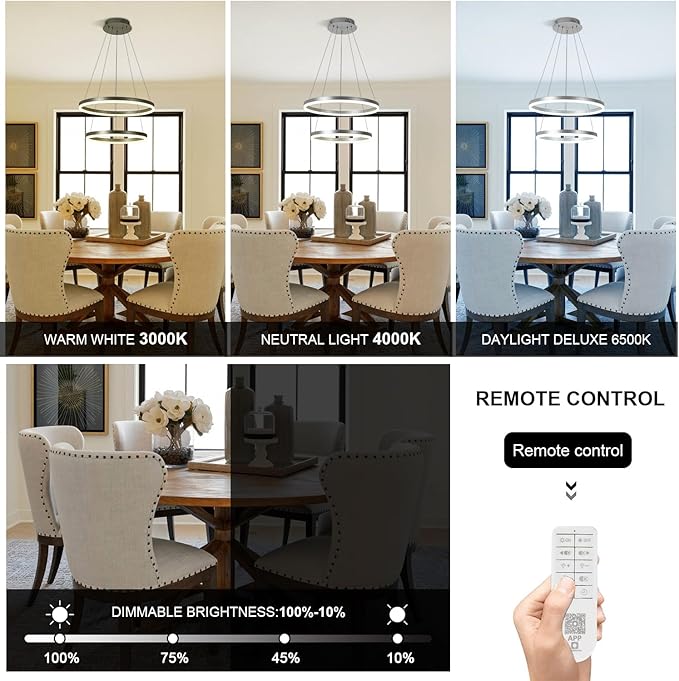 2-Rings Modern LED Chandelier Silver for Dining Room, Dimmable Pendant Lighting with Remote Control Circular Flush Mount High Ceiling Light for Bedroom Living Room Foyer, 3000K-6500K