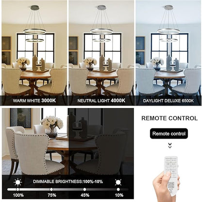 2-Rings Modern LED Chandelier Silver for Dining Room, Dimmable Pendant Lighting with Remote Control Circular Flush Mount High Ceiling Light for Bedroom Living Room Foyer, 3000K-6500K