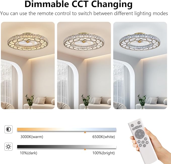 LUDOMIDE Crystal Ceiling Fans with Lights, 24" Modern Ceiling Fan with Remote Flush Mount, 6-Speed Wind, Dimmable LED, Low Profile Ceiling Fan for Bedroom Dining Room Living Room