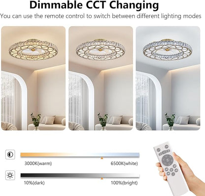 LUDOMIDE Crystal Ceiling Fans with Lights, 24" Modern Ceiling Fan with Remote Flush Mount, 6-Speed Wind, Dimmable LED, Low Profile Ceiling Fan for Bedroom Dining Room Living Room