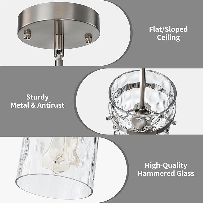 5.5" Nickel Hammered Glass Pendant Light, Brushed Nickel Kitchen Pendant Lights, Modern Kitchen Island Light Over Dining Light Fixture Bedroom Foyer 1 Pack