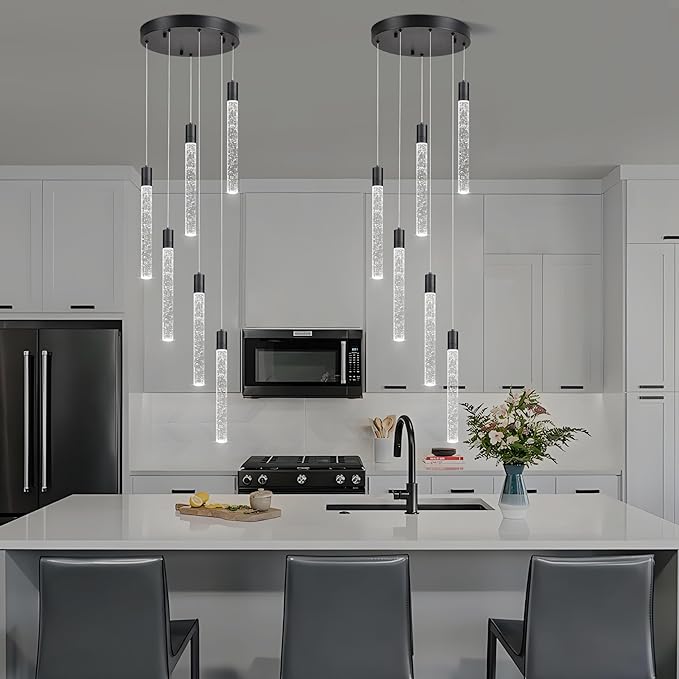 6 Light Pendant Lights Kitchen Island,Modern LED Bubble Crystal Pendants with Dimmable 3000K-6000K Ceiling Hanging Light Fixture for Dining Room Bedroom,Matte Black Finish,Adjustable Height 78"