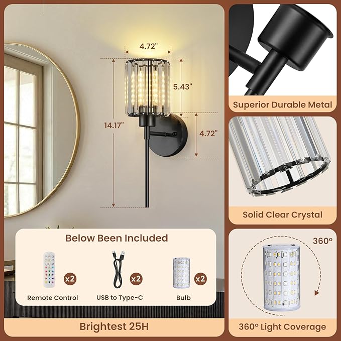 1- Pack Crystal Battery Operated Wall Sconces, Brushed Gold Rechargeable Wireless Wall Sconce Lights with Dimmable Bulbs and Remote, 12 Colors and 3CCT Dimmable Crystal Lamps for Living Bedroom