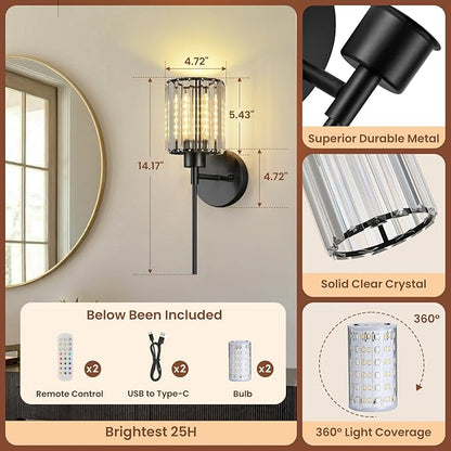 Crystal Battery Operated Wall Sconces, Black Rechargeable Wireless Wall Sconce Lights with Dimmable Bulbs and Remote, 12 Colors and 3CCT Dimmable Crystal Wall Lamps for Living Bedroom, 3000K