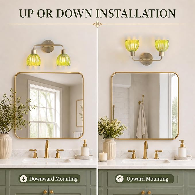 2-Light Gold Brass Bathroom Light Fixture,Wall Sconces,Brushed Gold Vanlity Light Over Mirror,Bathroom Vanity Light with Green Glass Flower Shade,E26 Socket(Bulbs Not Included)