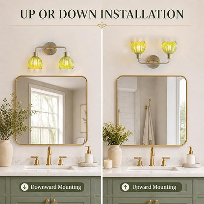 2-Light Gold Brass Bathroom Light Fixture,Wall Sconces,Brushed Gold Vanlity Light Over Mirror,Bathroom Vanity Light with Green Glass Flower Shade,E26 Socket(Bulbs Not Included)
