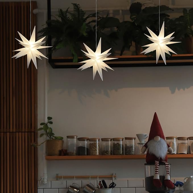 Leejec 13.3" Moravian Star Outdoor Light with Remote Control, Christmas Decorations, Indoor Hanging, Warm White LED Light, Battery Operated with Timer Function, 3-Pack, Tree, Ceiling, Balcony Decor