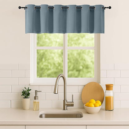Simplebrand Stone Blue Window Valance for Kitchen 14 Inches Long 2 Panels Set, Room Darkening Valance Curtains for Living Room, Grommet Short Privacy Kitchen Curtains for Bedroom Kids Room, 40Wx14L