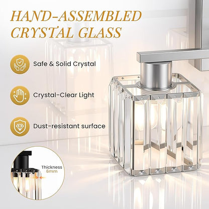 Crystal Bathroom Light Fixtures, 3-Light Brushed Nickel, Vanity Lights for Bathroom Over Mirror, Modern Bath Wall Sconce for Mirror Bedroom Living Room
