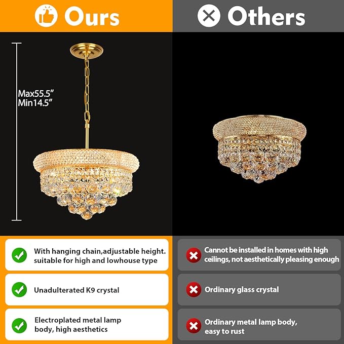 Crystal Chandeliers for Dining Room Light Fixture Over Table, Empire Style K9 Crystal Chandeliers for Bedroom, 4 Lights Gold Luxury Lighting Fixtures for Entryway Kitchen Island Foyer D15 Inch