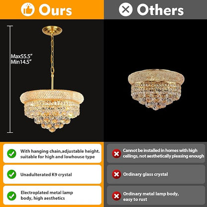Crystal Chandeliers for Dining Room Light Fixture Over Table, Empire Style K9 Crystal Chandeliers for Bedroom, 4 Lights Gold Luxury Lighting Fixtures for Entryway Kitchen Island Foyer D15 Inch