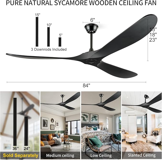 Ceiling Fans Without Light, 84 Inch Outdoor Fan No Light, Black Ceiling Fan with Remote, 3 Solid Wood Blades, Quiet Motor, High CFM, Propeller Large Ceiling Fan for Patios,Black