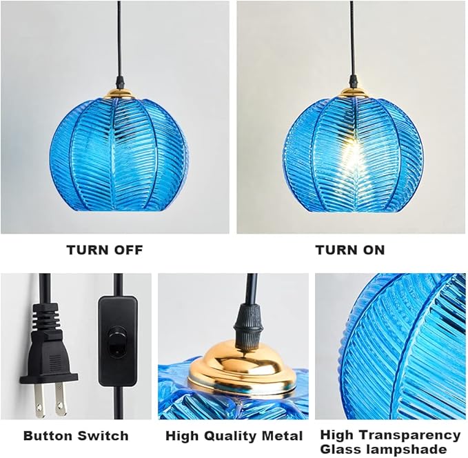 Plug in Glass Pendant Light Mid-Century Modern Striped Glass Hanging Ceiling Lighting Fixture with 14.7FT Cord, Globe Decor Chandelier for Living Room, Bedroom, Dining Hall, Kitchen (Blue)
