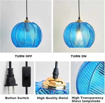 Plug in Glass Pendant Light Mid-Century Modern Striped Glass Hanging Ceiling Lighting Fixture with 14.7FT Cord, Globe Decor Chandelier for Living Room, Bedroom, Dining Hall, Kitchen (Blue)