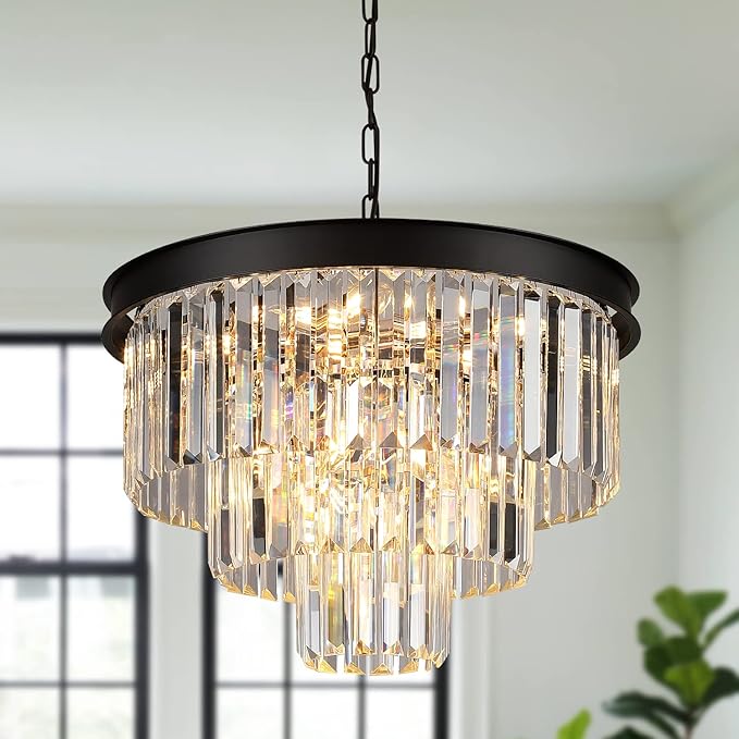 A AXILIXI Black Crystal Chandeliers Modern Round Chandeliers 20" Dimmable 9 Lights Ceiling Pendant Light Fixtures 3 Tiers Luxury Raindrop for Living Room Dining Room Bedroom Foyer