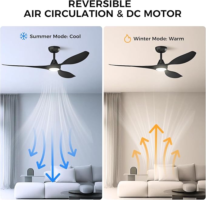 Roomratv Ceiling Fans with Lights and Remote Control,Quiet Noiseless Reversible DC Motor,6 Speeds,Timers, 3 CCT, Indoor Use, Plastic Blades,52 Inch Black Ceiling Fan Smart APP Control for Living Room
