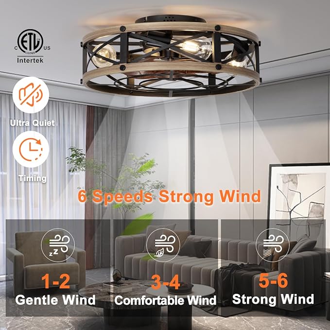 SHLUCE 19" Farmhouse Caged Flush Mount Ceiling Fan with Light, Rustic Fandelier Bladeless Ceiling Fans with Lights and Remote, Small Low Profile Ceiling Fan with Light for Kitchen, Bedroom - ETL