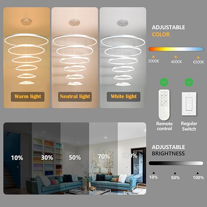 6 Rings Pendant Lights 47.2'' Modern Height Adjustable Chandeliers Sliver Led Chandelier Dimmable Sliver Chandelier Led Pendant Light for Dining Room Bedroom Living Room(3000K-6000K)
