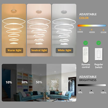 6 Rings Pendant Lights 47.2'' Modern Height Adjustable Chandeliers Sliver Led Chandelier Dimmable Sliver Chandelier Led Pendant Light for Dining Room Bedroom Living Room(3000K-6000K)