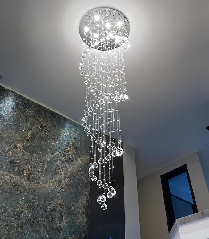 HAIXIANG W24 x H78 Inches Crystal Glam Chandelier Long Light Chandeliers with Dimmable Light Bulbs Silver High Ceiling Pendants Light Fixtures for Foyer Entryway Living Room Stair