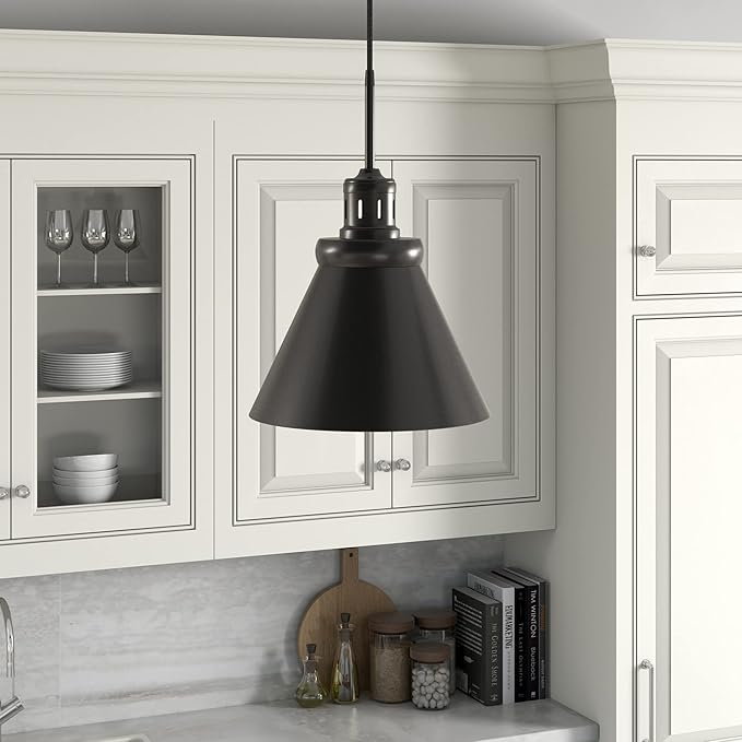 Henn&Hart 12" Industrial Dimmable Pendant Light Fixture with Black Metal Cone Shade and 8' Adjustable Cord for Kitchen Island, Dining Room or Game Room, Black