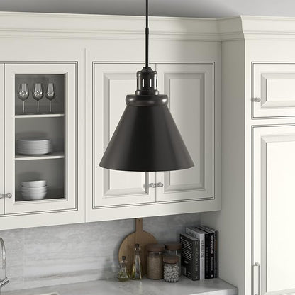 Henn&Hart 12" Industrial Dimmable Pendant Light Fixture with Black Metal Cone Shade and 8' Adjustable Cord for Kitchen Island, Dining Room or Game Room, Black
