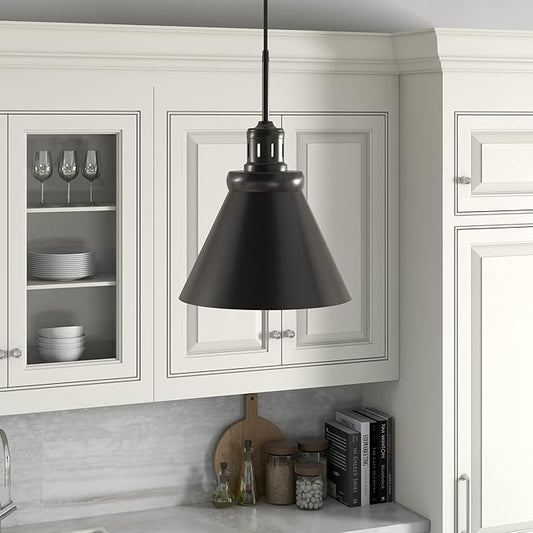 Henn&Hart 12" Industrial Dimmable Pendant Light Fixture with Black Metal Cone Shade and 8' Adjustable Cord for Kitchen Island, Dining Room or Game Room, Black