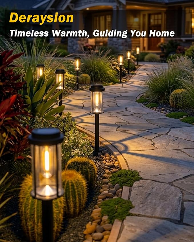 DERAYSION 12 Pack Solar Lights Outdoor, 21" Solar Pathway Lights Auto On/Off Waterproof Garden Lights for Path, Yard, Walkway, Driveway Decor, Warm White