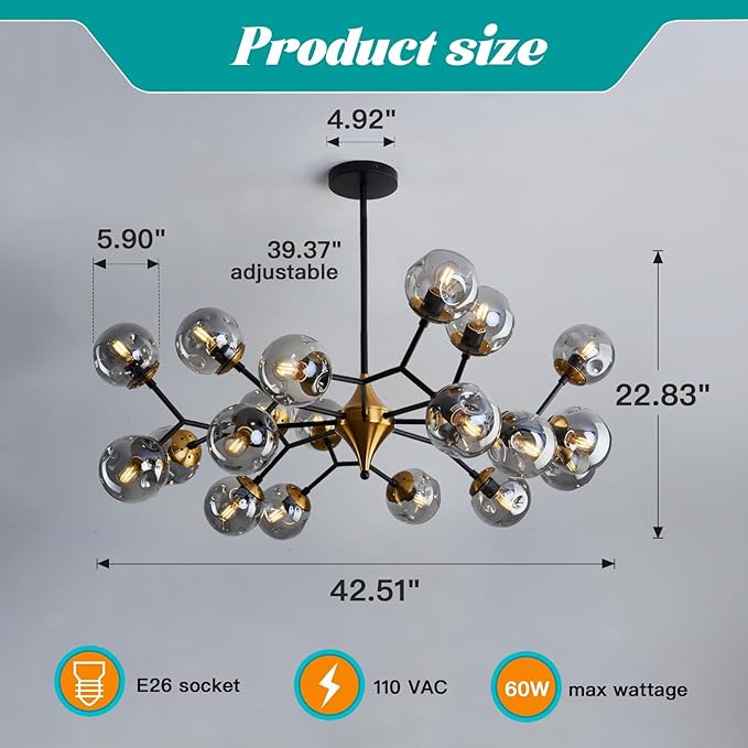 hesoge 20 Light Extra Large Sputnik Chandelier Mid Century Modern Black and Gold Ceiling Light Fixture with Glass Globe Pendant Light Hanging for Dining Room Kitchen Living Room Foyer.