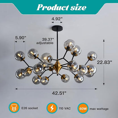 hesoge 20 Light Extra Large Sputnik Chandelier Mid Century Modern Black and Gold Ceiling Light Fixture with Glass Globe Pendant Light Hanging for Dining Room Kitchen Living Room Foyer.