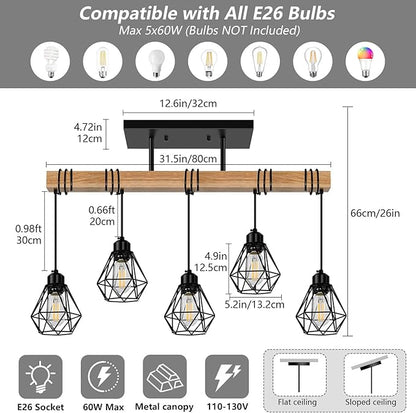 5-Lights Farmhouse Hanging Pendant Light, Dinng Room Light Fixtures for Kitchen Island Lighting Over Table, Black Rustic Wood Ceiling Pendant Lights with Metal Shade for Living Room, Foyer