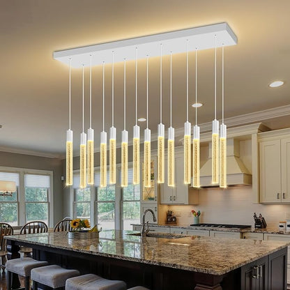 Modern Rectangular Crystal Chandelier 14-Light Silver LED Crystal Column Chandelier for Staircase, Living Room, Foyer, Hallway