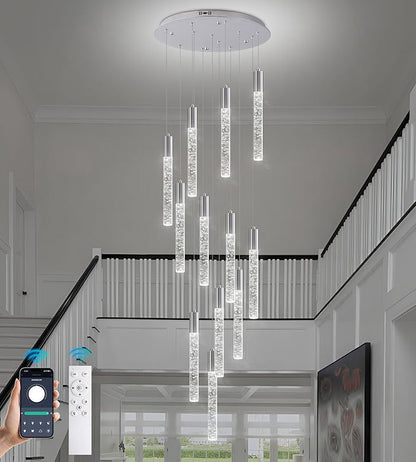 Modern High Ceiling Crystal Chandelier 12-Lights, Large Spiral LED Raindrop Foyer Pendant Lighting, Bubble Staircase Living Room Hanging Light Fixture Flush Mount Chrome
